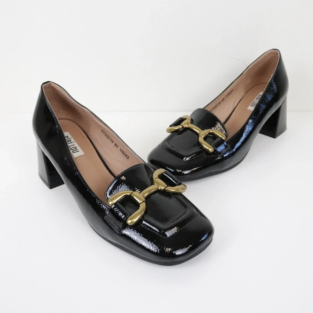 Anthropologie Bibi Lou Valencia Loafer Pumps Heels Black Patent Leather 37 6.5